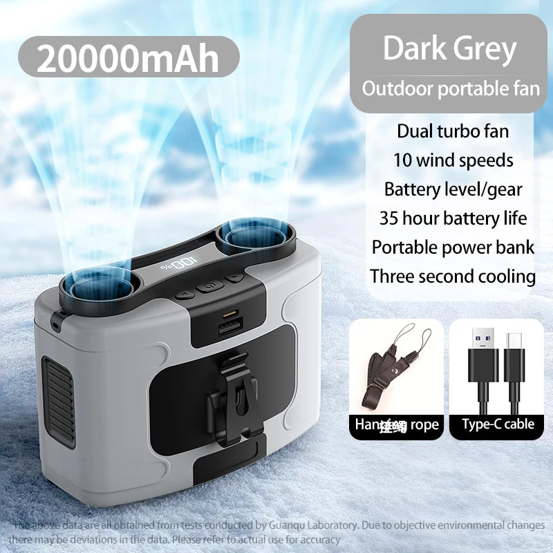 Multi-Functional 20000mAh Portable Waist & Neck Fan with Power Bank & LED Light | High-Powered Outdoor Personal Cooler