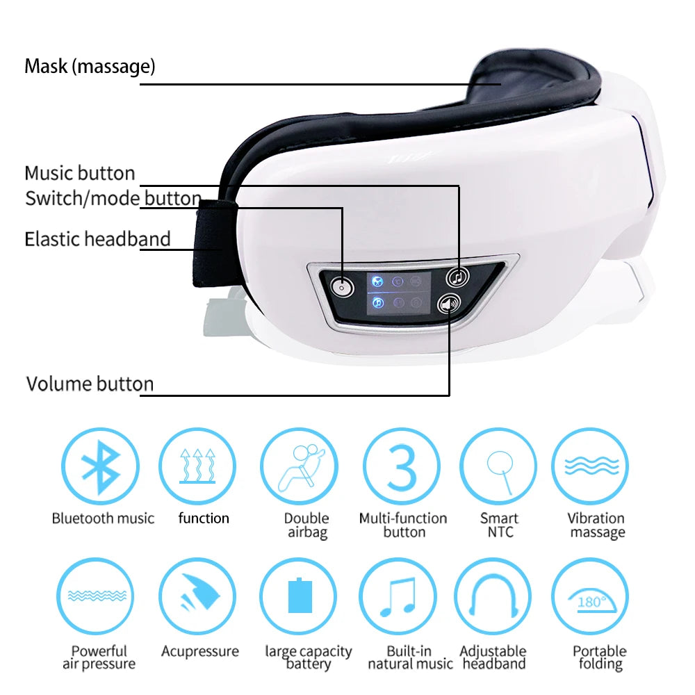 Luxurious 6D Smart Eye Massager with Air Compression & Bluetooth Music | Vibration Therapy for Eye Care