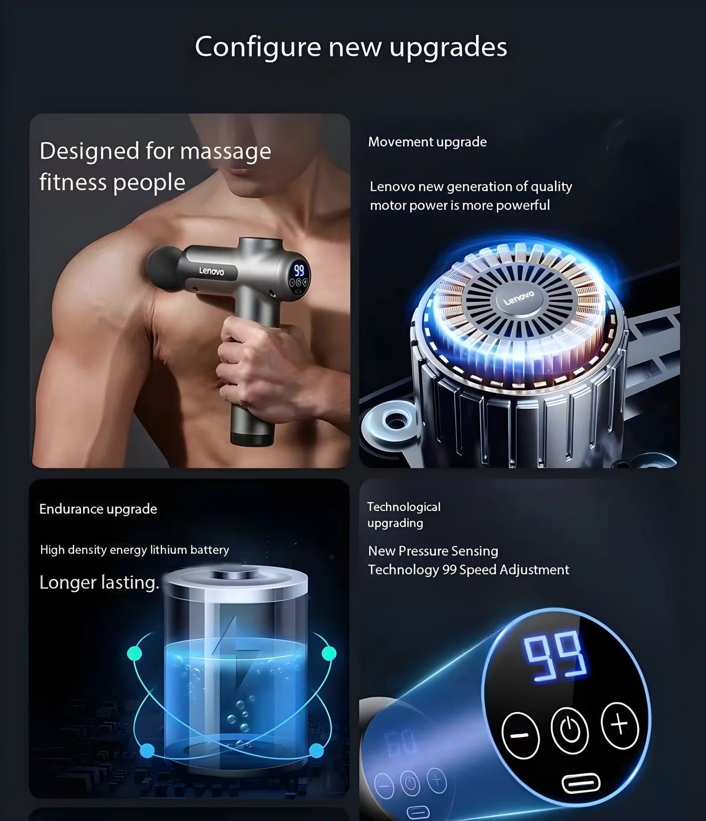 Lenovo Deep Tissue Smart Percussion Massage Gun | Muscle Soreness Relief & Fitness Recovery (LED Touch, 8 Heads)