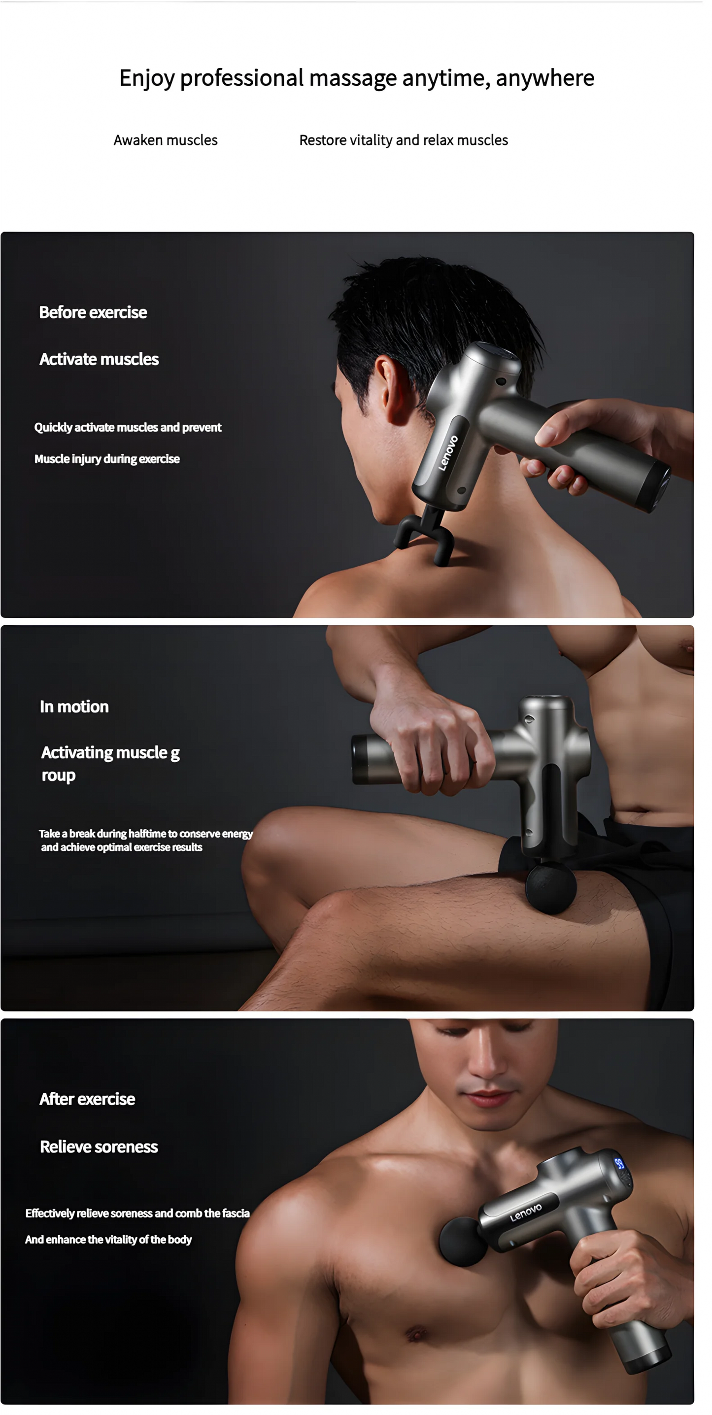 Lenovo Deep Tissue Smart Percussion Massage Gun | Muscle Soreness Relief & Fitness Recovery (LED Touch, 8 Heads)