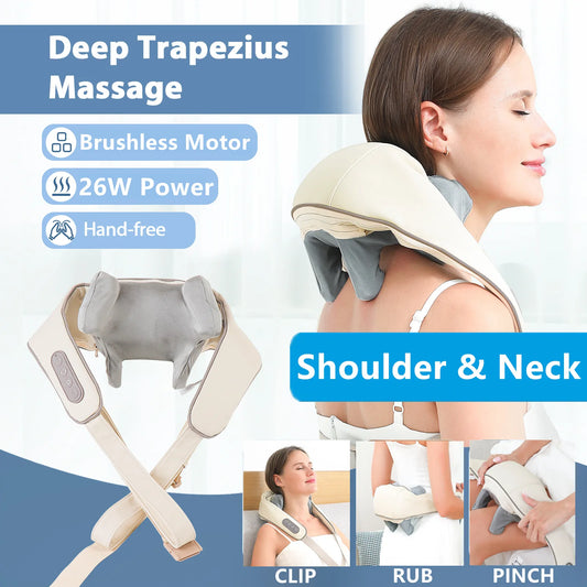 Targeted Relief 26W Brushless Motor Wireless Neck & Shoulder Kneading Massager | Portable Back Massage Shawl