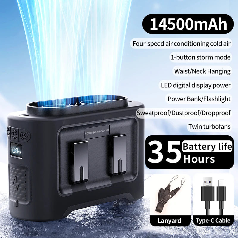 14500mAh Portable Waist & Neck Fan | Dual Air Vents, Strong Airflow for Outdoor, Sports & Travel