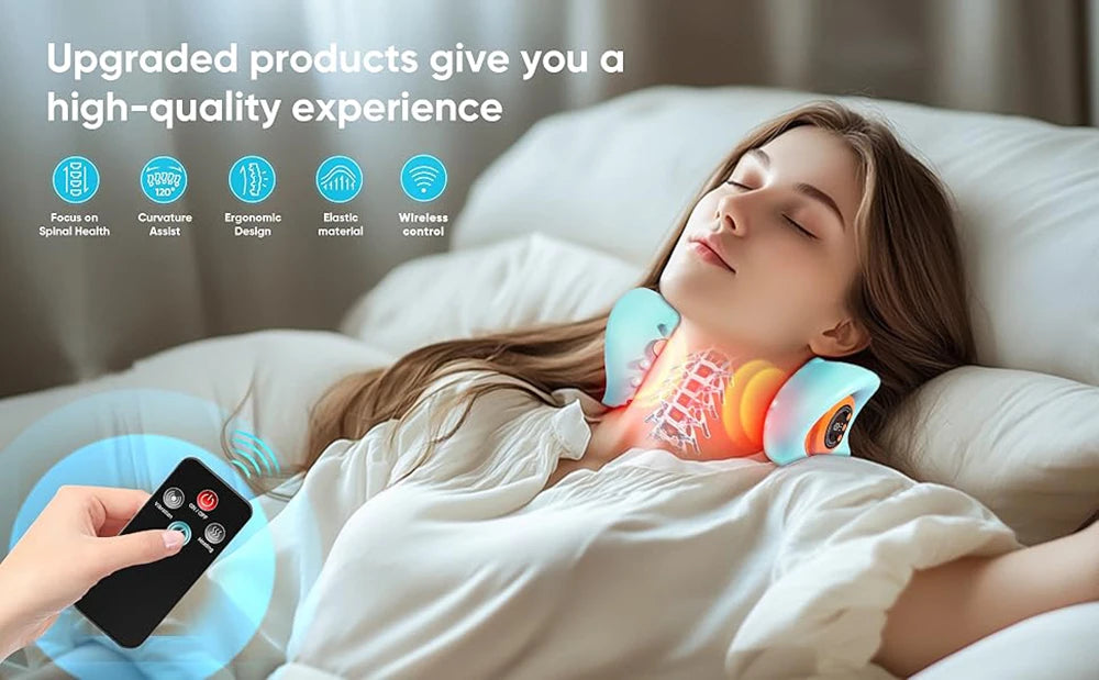 Smart Heated Portable EMS Neck Massager with Heat | Low-Frequency Pulse & Cervical Traction Pillow (Remote Control_Optional)