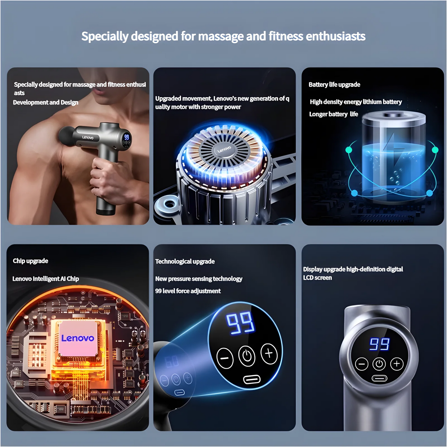 Lenovo Deep Tissue Smart Percussion Massage Gun | Muscle Soreness Relief & Fitness Recovery (LED Touch, 8 Heads)