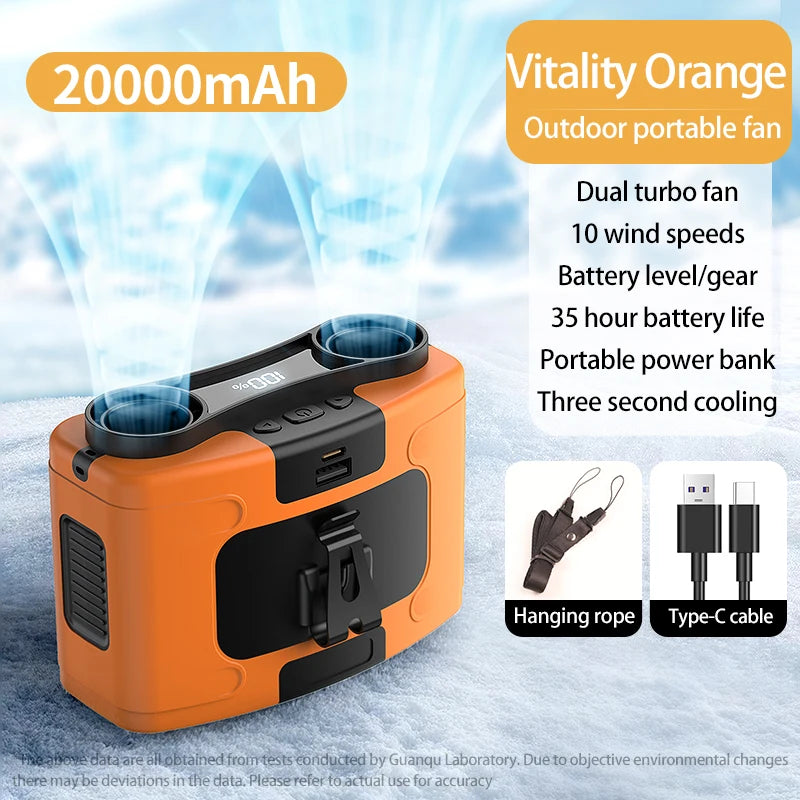 Multi-Functional 20000mAh Portable Waist & Neck Fan with Power Bank & LED Light | High-Powered Outdoor Personal Cooler