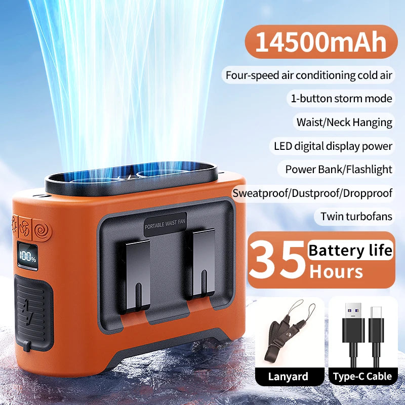 14500mAh Portable Waist & Neck Fan | Dual Air Vents, Strong Airflow for Outdoor, Sports & Travel