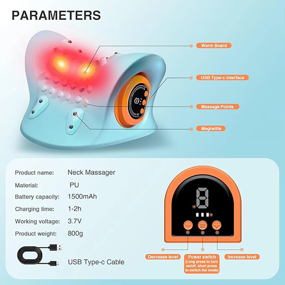 Smart Heated Portable EMS Neck Massager with Heat | Low-Frequency Pulse & Cervical Traction Pillow (Remote Control_Optional)