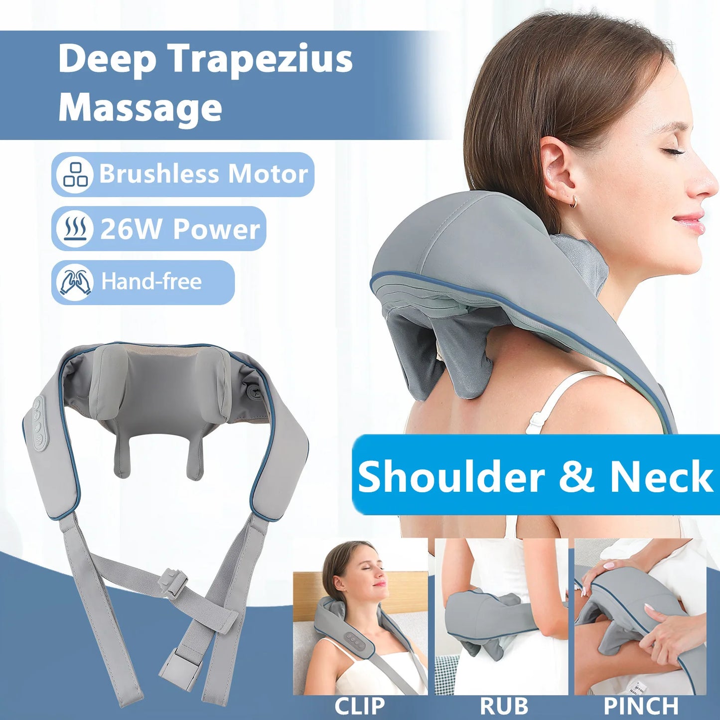 Targeted Relief 26W Brushless Motor Wireless Neck & Shoulder Kneading Massager | Portable Back Massage Shawl