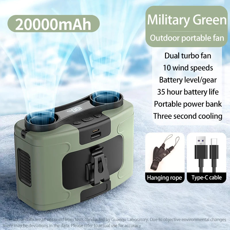 Multi-Functional 20000mAh  Portable Waist & Neck Fan with Power Bank & LED Light | High-Powered Outdoor Personal Cooler