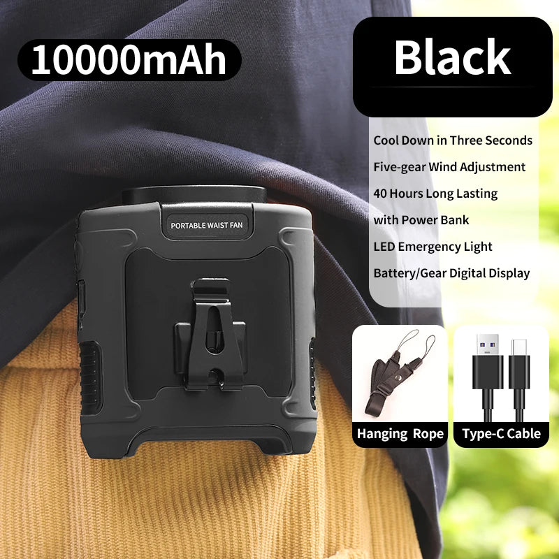 Multi-Functional 20000mAh  Portable Waist & Neck Fan with Power Bank & LED Light | High-Powered Outdoor Personal Cooler