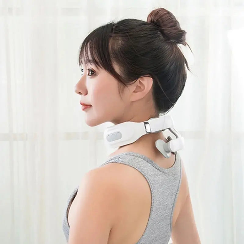 Intelligent 4-Head Cervical Smart Neck Massager | Voice Control, Heating Function, USB Rechargeable & Adjustable Intensity (White)