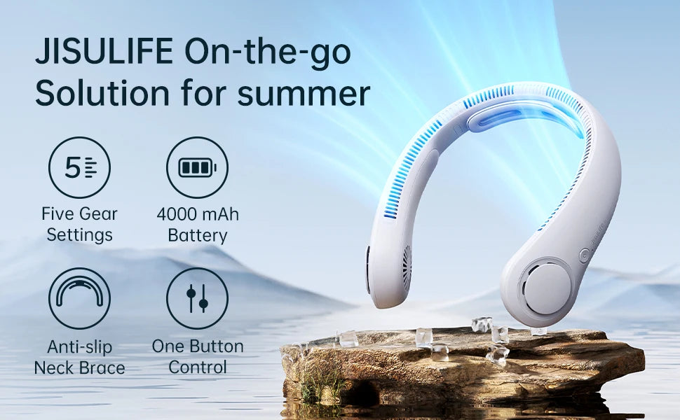 5000mAh High-Capacity Portable Neck Fan | Ergonomic Hands-Free Design, 5-Speed Free Wearable Personal Cooler