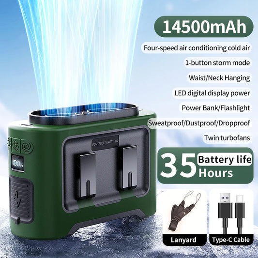 14500mAh Portable Waist & Neck Fan | Dual Air Vents, Strong Airflow for Outdoor, Sports & Travel
