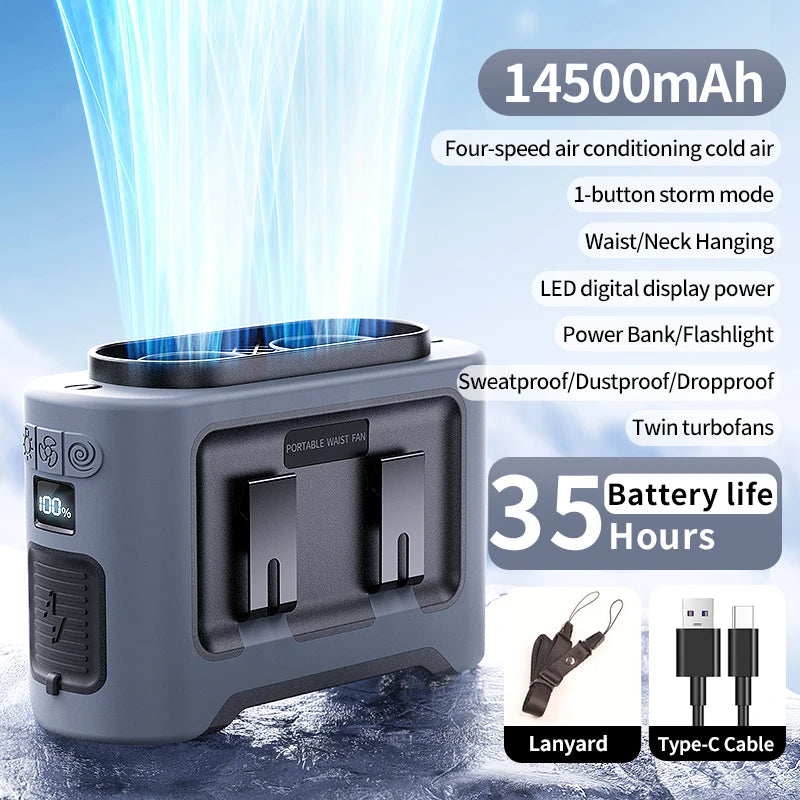 14500mAh Portable Waist & Neck Fan | Dual Air Vents, Strong Airflow for Outdoor, Sports & Travel