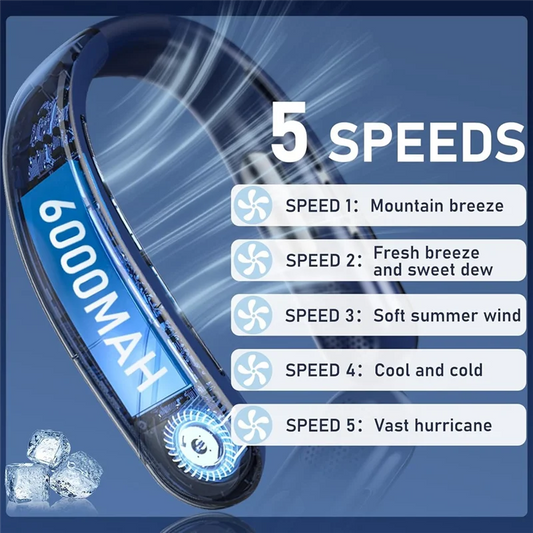 Quiet 4000mAh Bladeless Neck Fan | Portable USB-Rechargeable, 5-Speed with LED Digital Display