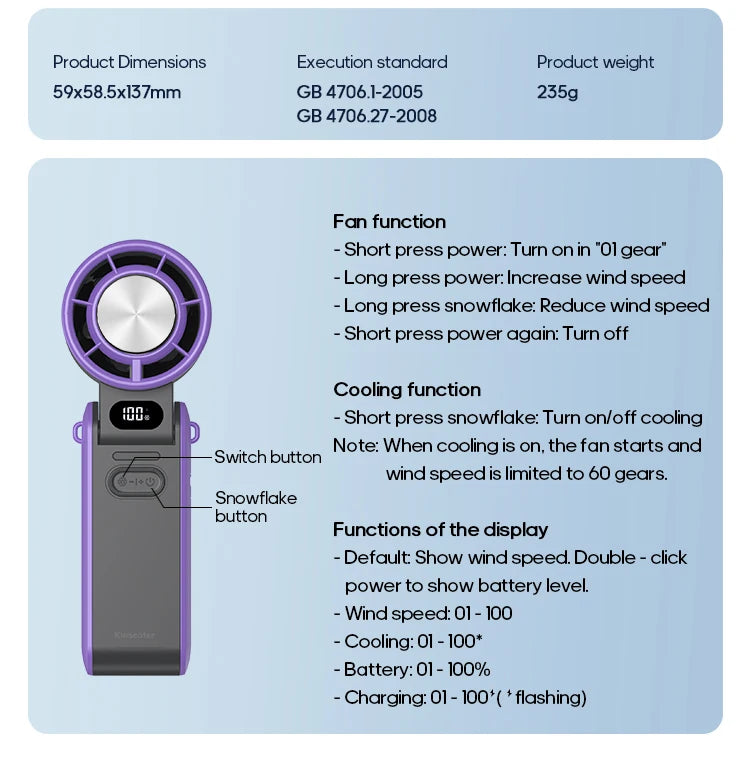 High-Speed 3600mAh Rechargeable Handheld Fan | 100-Level Precise Speed Control, Foldable Turbo Fan for Portable Outdoor Cooling