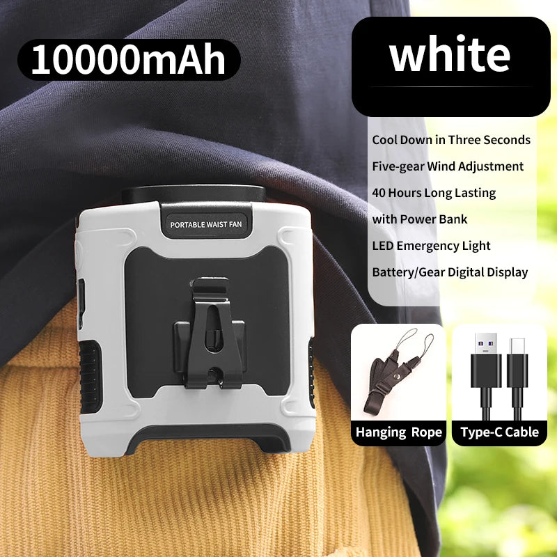 Multi-Functional 20000mAh  Portable Waist & Neck Fan with Power Bank & LED Light | High-Powered Outdoor Personal Cooler