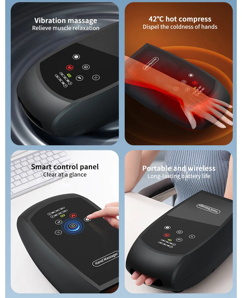Smart Premium Cordless Electric Hand Massager | Airbag Compression, Warm Heat & Vibration for Finger & Palm Relief [Touchscreen]