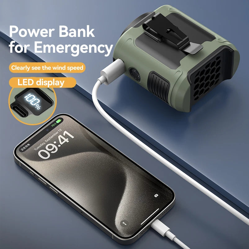 Multi-Functional 20000mAh  Portable Waist & Neck Fan with Power Bank & LED Light | High-Powered Outdoor Personal Cooler