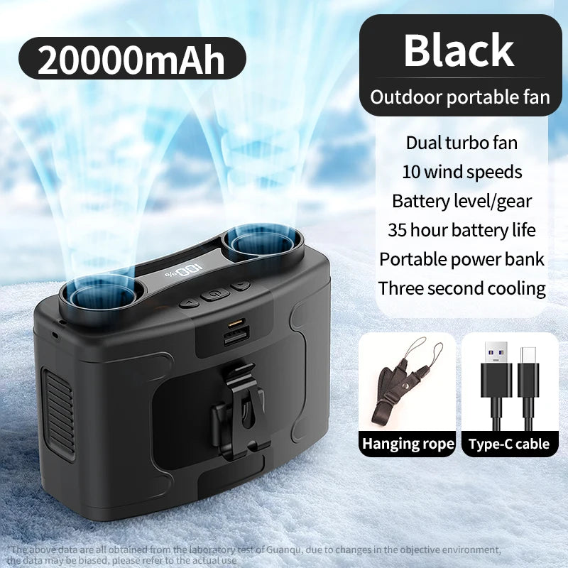 Multi-Functional 20000mAh  Portable Waist & Neck Fan with Power Bank & LED Light | High-Powered Outdoor Personal Cooler