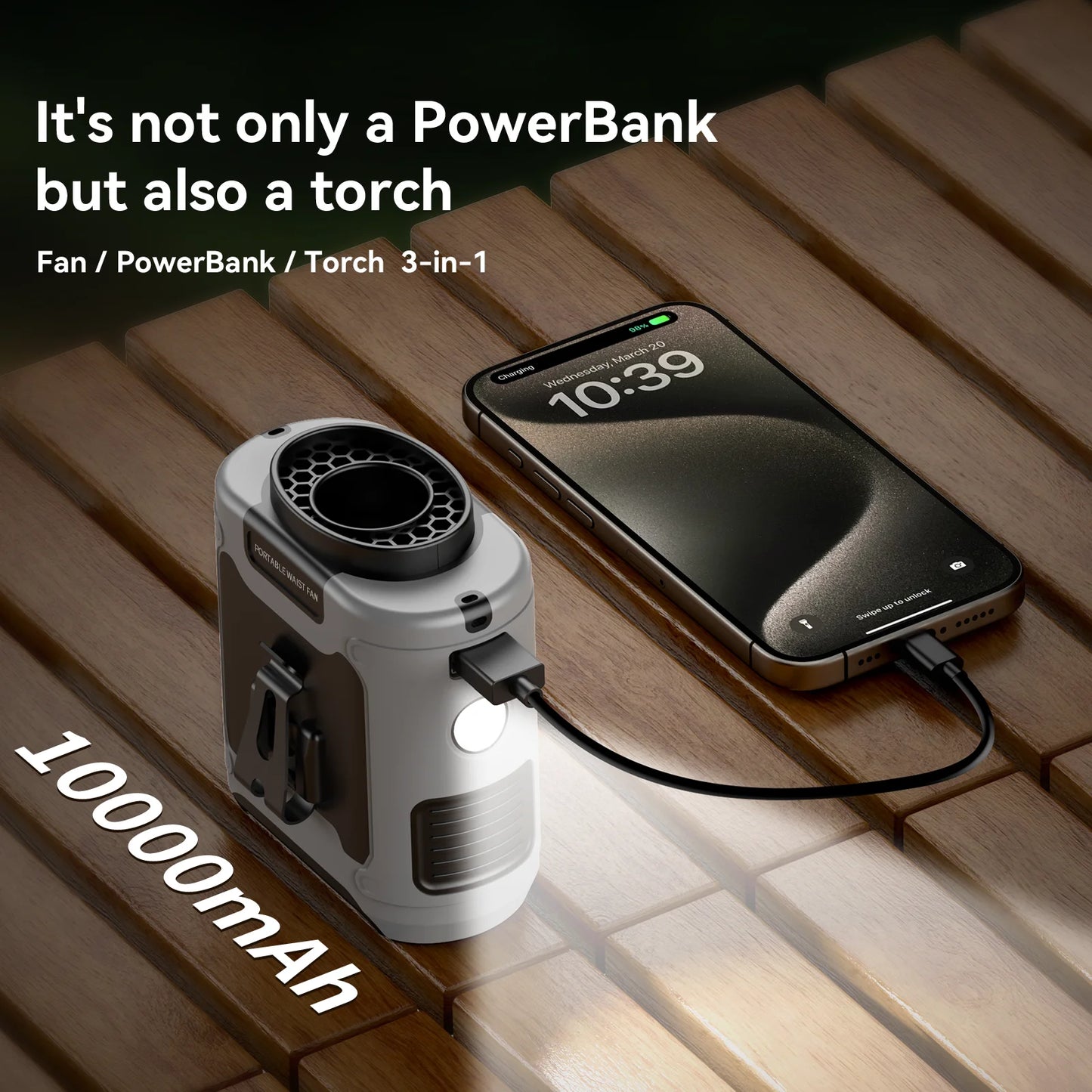 Multi-Functional 20000mAh  Portable Waist & Neck Fan with Power Bank & LED Light | High-Powered Outdoor Personal Cooler
