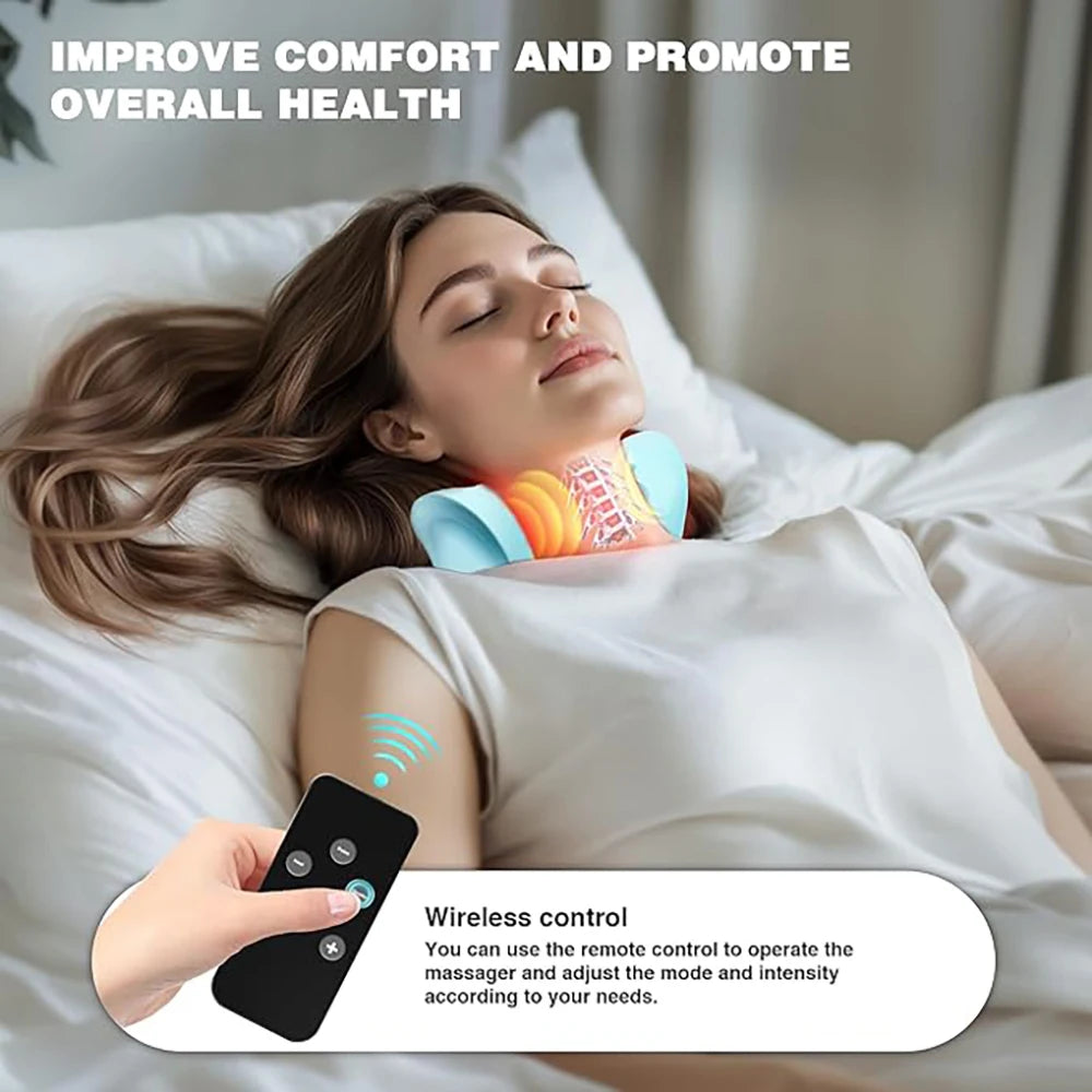 Smart Heated Portable EMS Neck Massager with Heat | Low-Frequency Pulse & Cervical Traction Pillow (Remote Control_Optional)