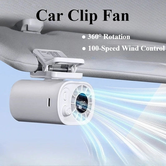 Hipacool Portable Car Clip Fan 360° Rotatable 100 Speed Wind 12V USB Rechargeable Electric Fan Low Noise Mini Fan Clamp Anywhere