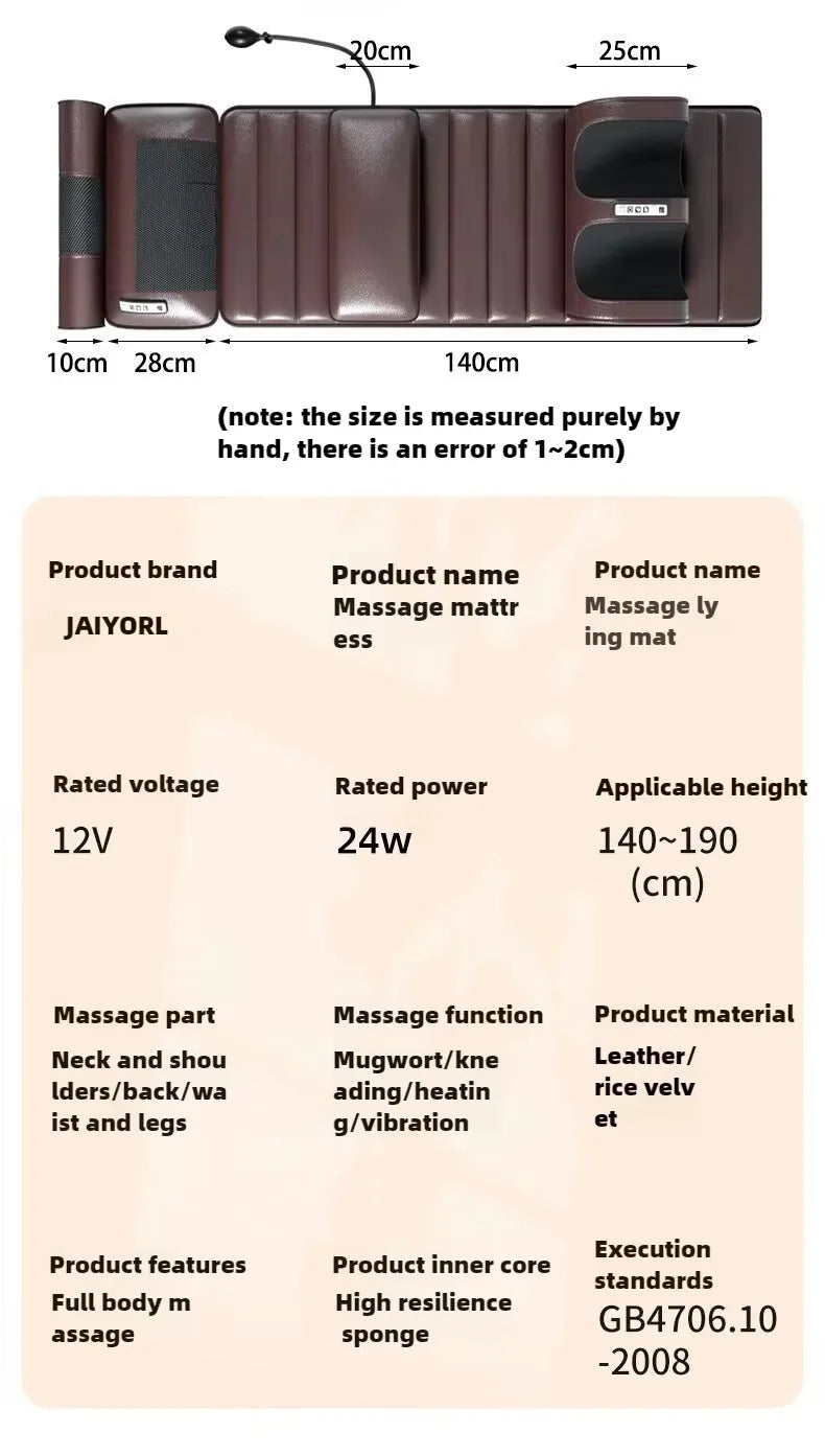 Electric Heated Full Body Massage Mat with Heat | Multi-Zone Kneading, Vibration & Air Compression (Hand Control)