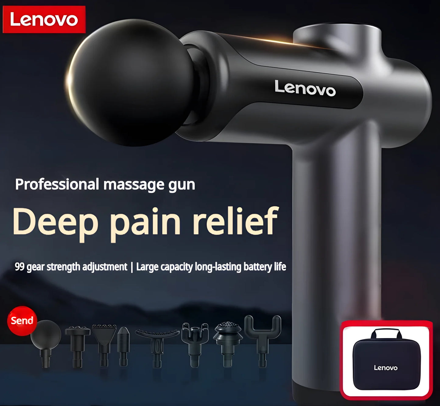 Lenovo Deep Tissue Smart Percussion Massage Gun | Muscle Soreness Relief & Fitness Recovery (LED Touch, 8 Heads)