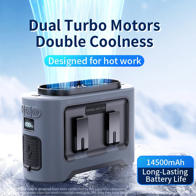 14500mAh Portable Waist & Neck Fan | Dual Air Vents, Strong Airflow for Outdoor, Sports & Travel