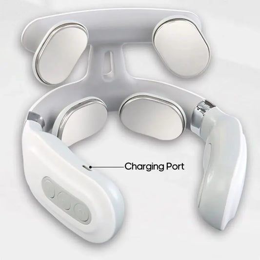 Intelligent 4-Head Cervical Smart Neck Massager | Voice Control, Heating Function, USB Rechargeable & Adjustable Intensity (White)